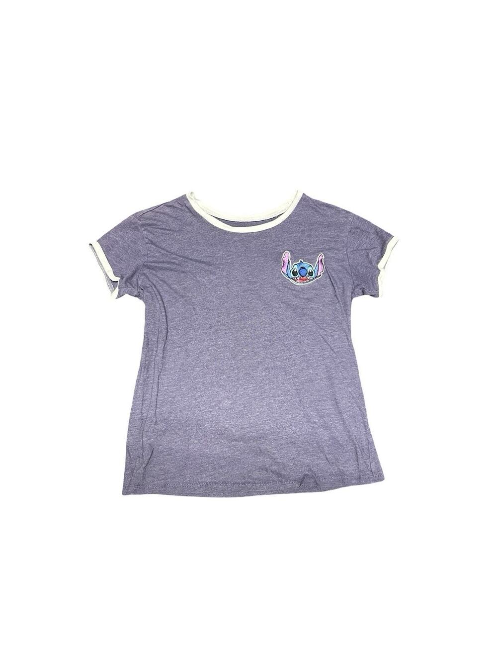 Disney Stitch Girls Purple Ringer T Shirt Embroidered Size Large